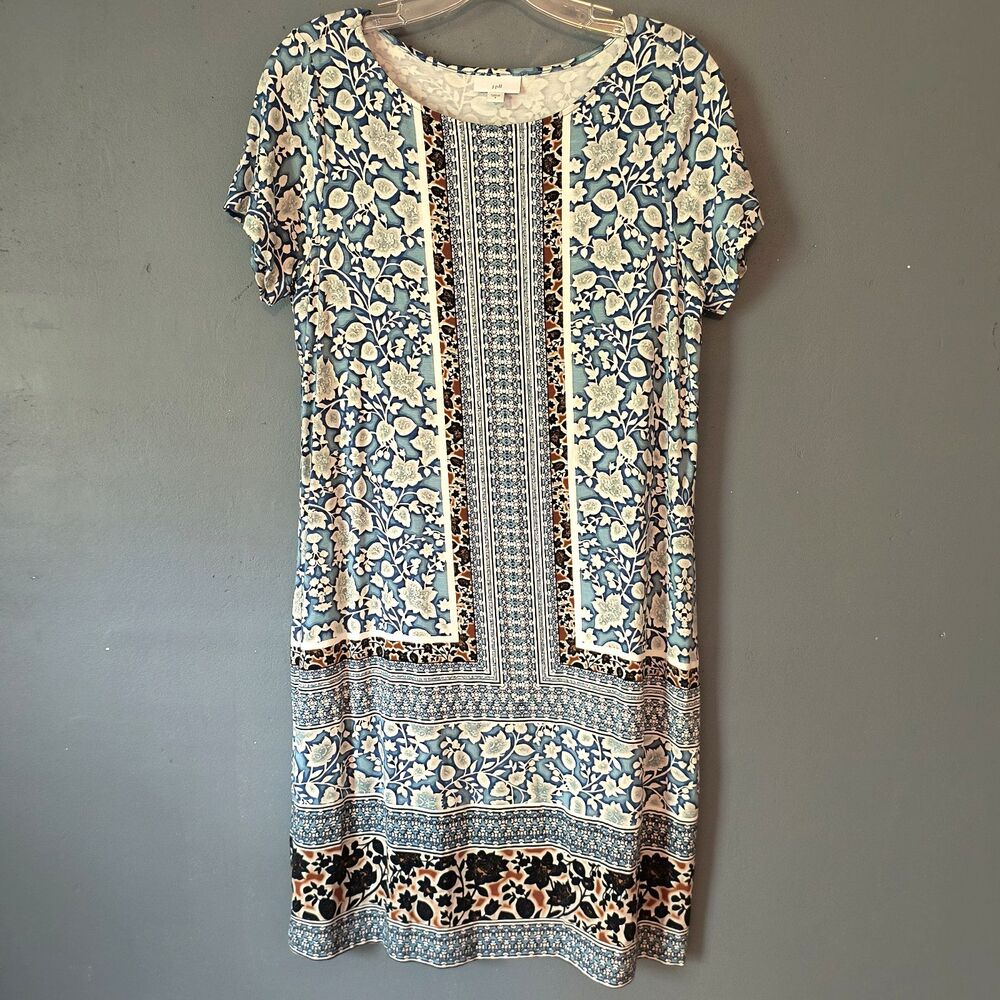 J. Jill Dress S Blue/Multi Contrasting Florals Stretch Coastal Vacation Office